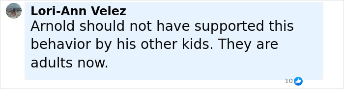 Comment from Lori-Ann Velez expressing disapproval of Arnold Schwarzenegger’s step-siblings snubbing their look-alike love child. Comment from Lori-Ann Velez expressing disapproval of Arnold Schwarzenegger’s step-siblings snubbing their look-alike love child.