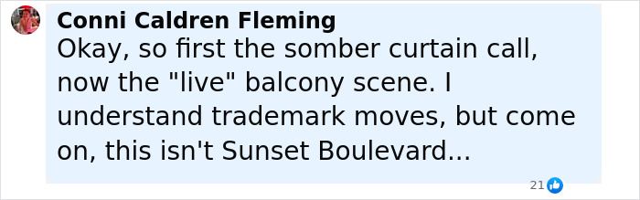 Social media comment from Conni Caldren Fleming reacting to Rachel Zegler sparks outrage over live show screen viewing.