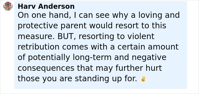 Comment from Harv Anderson discussing consequences of violent retribution related to a raging mom incident involving a pickup truck.