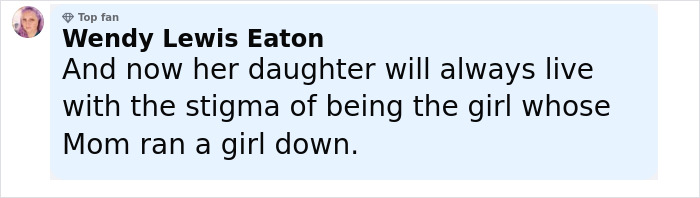 Comment by Wendy Lewis Eaton discussing the impact of a mom driving a pickup truck through a kids' park and injuring a child.