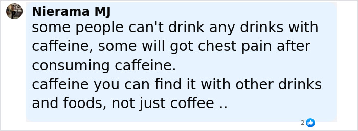 Comment discussing caffeine sensitivity and risks of consuming excessive caffeine found in various drinks and foods.
