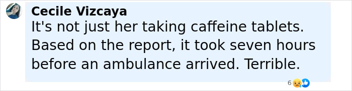 Comment about Australian woman passing away after consuming excessive caffeine, highlighting delayed ambulance arrival.