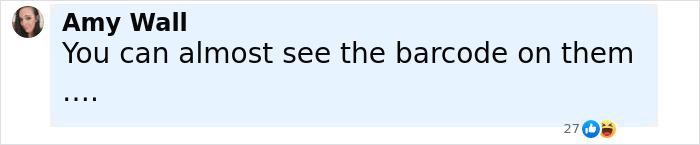 Woman named Amy Wall commenting about barcode visibility on clothing in a social media post with reactions visible.