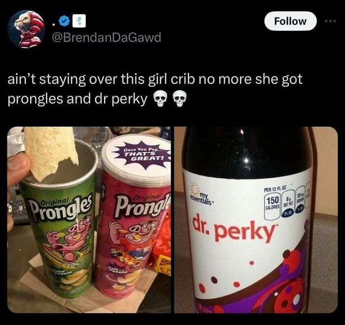 Photo showing a snack mix-up with Prongles potato chips and a drink labeled dr. perky, sparking curiosity.