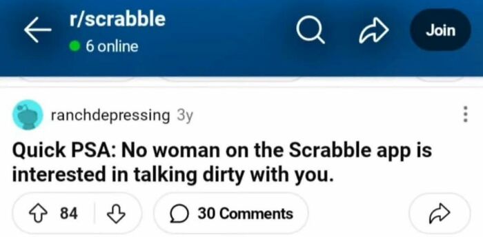 Screenshot of a Scrabble app post with a humorous PSA making people go hmmm and share the moment.