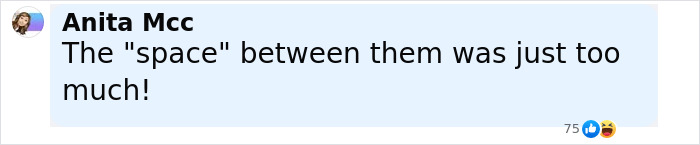 Comment by Anita Mcc saying the space between them was just too much, with 75 reactions including likes and laughter. Comment by Anita Mcc saying the space between them was just too much, with 75 reactions including likes and laughter.