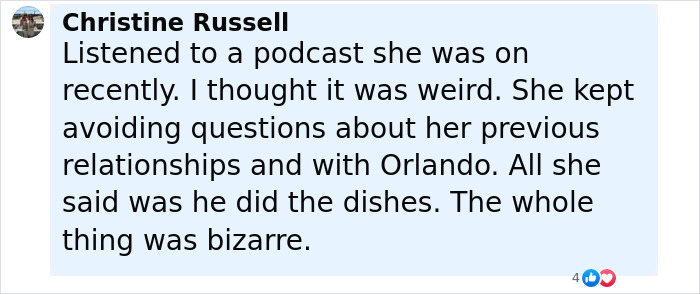 Comment about Katy Perry and Orlando Bloom's relationship, mentioning bizarre podcast and dishwashing reference. Comment about Katy Perry and Orlando Bloom's relationship, mentioning bizarre podcast and dishwashing reference.
