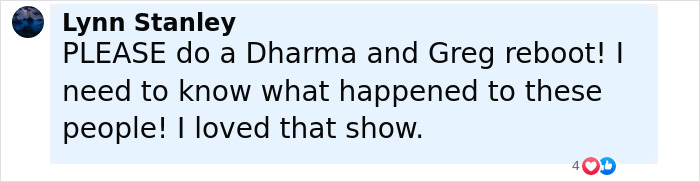 Fan comment expressing desire for a Dharma and Greg reboot and curiosity about the cast's current lives.