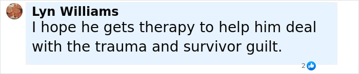 Comment by Lyn Williams discussing therapy and survivor guilt related to trauma experienced by an Air India survivor.