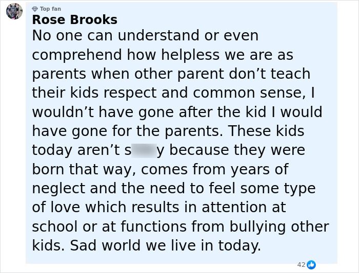 Comment about parenting struggles and kids' behavior posted by Rose Brooks on social media platform.