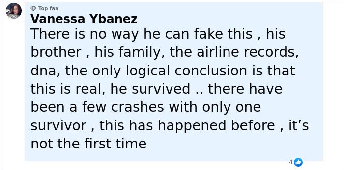 Comment from Vanessa Ybanez discussing the survivor of the Air India crash and opinions on the incident's authenticity.