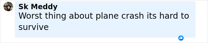 Facebook comment by user Sk Meddy expressing difficulty surviving a plane crash and mentioning a doomed Air India plane incident.