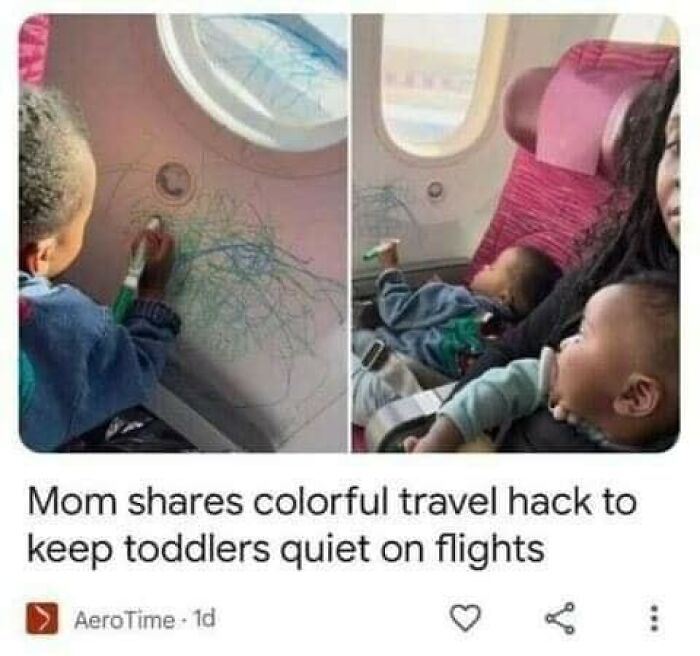 Toddler drawing colorful scribbles by airplane window to stay quiet during flight, a clever travel hack shared by mom.