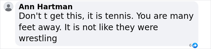Screenshot of a Facebook comment defending tennis and distance during matches amid odor remarks controversy.