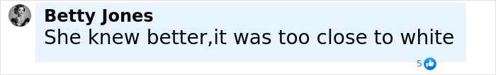 Comment by Betty Jones stating she knew better as it was too close to white, referencing Kylie Jenner breaking wedding rule.