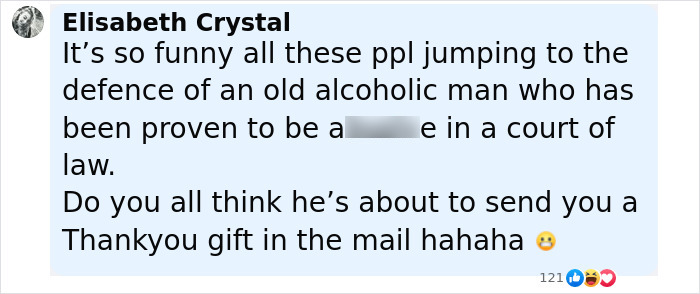 Screenshot of a social media comment criticizing Johnny Depp with references to courtroom opinions by a trial juror.