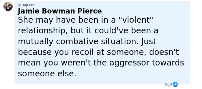 Jamie Bowman Pierce commenting on a controversial relationship, sharing opinions about aggression and mutual combativeness in a forum post.