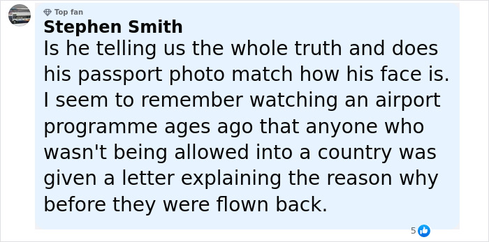 Comment from Stephen Smith discussing the man with face tattoos being denied entry by immigration officials. Comment from Stephen Smith discussing the man with face tattoos being denied entry by immigration officials.