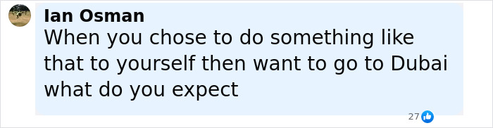 Comment by Ian Osman expressing criticism about a man with face tattoos being rejected by immigration officials. Comment by Ian Osman expressing criticism about a man with face tattoos being rejected by immigration officials.