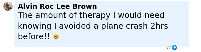Comment from Alvin Roc Lee Brown expressing distress after narrowly avoiding an Air India Boeing jet crash hours earlier.