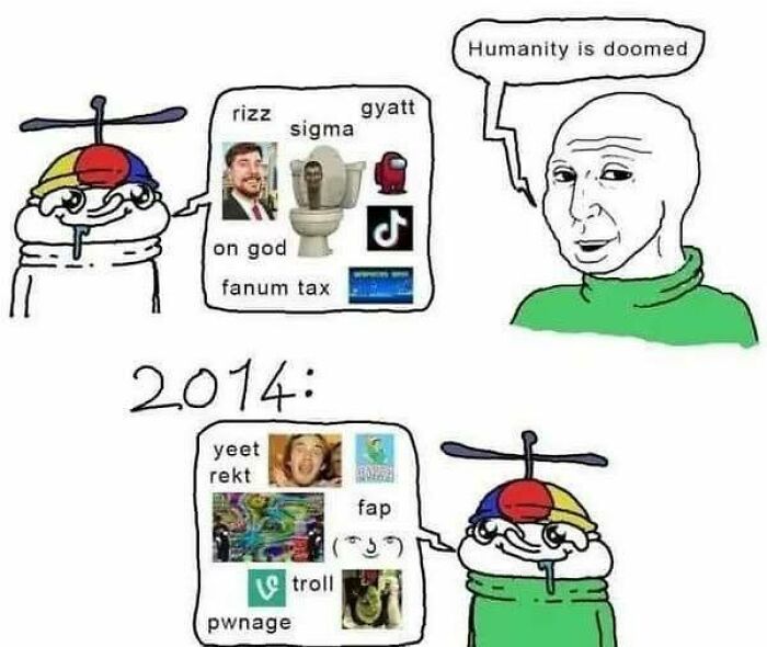 Meme comparing internet slang and trends from 2014 versus recent years that made people go hmmm.