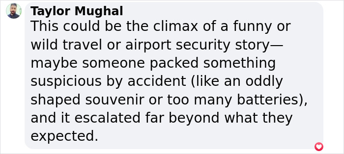 Comment by Taylor Mughal reflecting on a travel story involving airport security and potential explosives concerns.