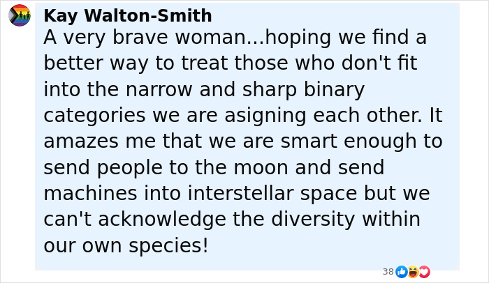 Comment on social media by Kay Walton-Smith discussing bravery and diversity, referencing trans woman competing topless.