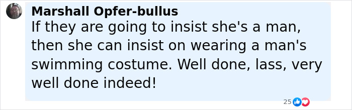 Comment by Marshall Opfer-bullus discussing a trans woman swimming topless in competition against men to protest new rules.