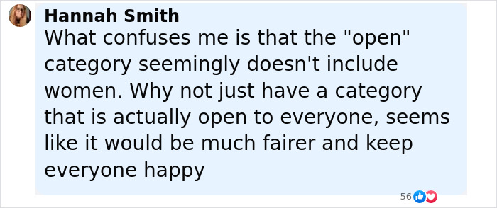 Comment by Hannah Smith discussing fairness of open category in competition amid trans woman swims topless protest against new rule.