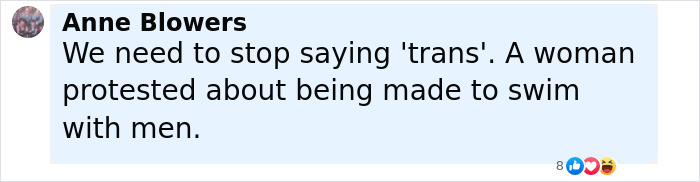 Screenshot of a social media post discussing a trans woman protesting swimming with men in competition.