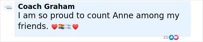 Comment from Coach Graham expressing pride in supporting a trans woman swimming topless in competition against men protest.