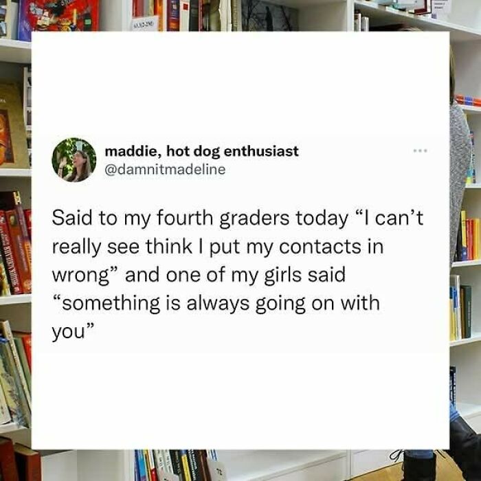 Funny Twitter post about contact lens mishap and a child's humorous comment, perfect for times people saw something that made them go hmmm.