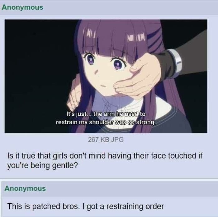 Anime girl with purple hair having her face gently touched, a moment that made people go hmmm and share the image.