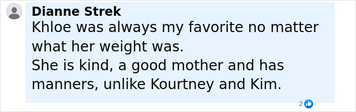 Comment praising Khloé Kardashian's character and kindness amid weight loss and Ozempic speculation. Comment praising Khloé Kardashian's character and kindness amid weight loss and Ozempic speculation.