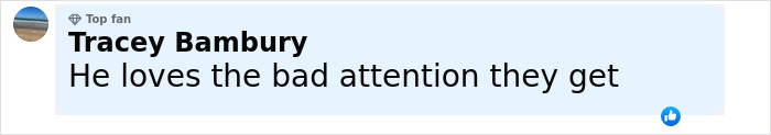 Comment by Tracey Bambury, top fan, saying he loves the bad attention they get, on a light blue background.