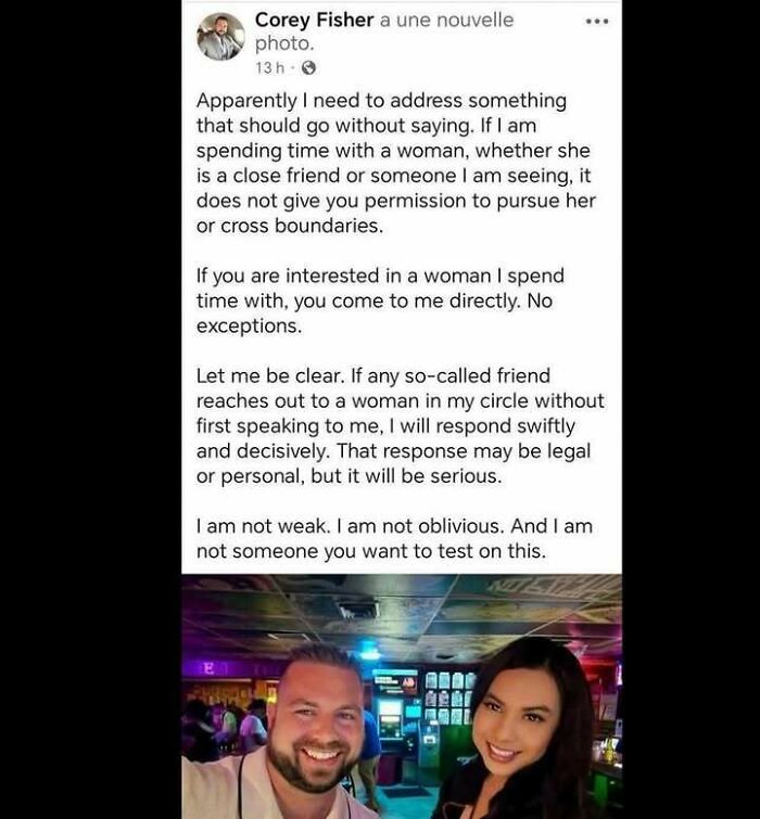 Screenshot of a social media post with a man warning about boundaries, shared in the times people saw something hmmm category.