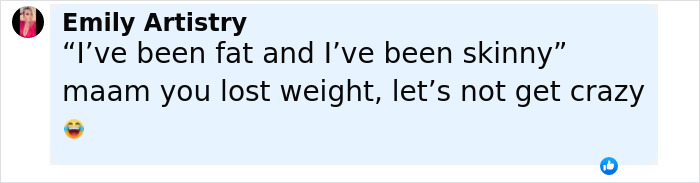 A social media post with user Emily Artistry commenting on weight loss, mentioning having been fat and skinny.