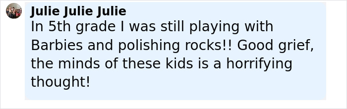 Comment expressing shock at 5th grade girls' revenge plot to slay boy and make it look like his own death. Comment expressing shock at 5th grade girls' revenge plot to slay boy and make it look like his own death.