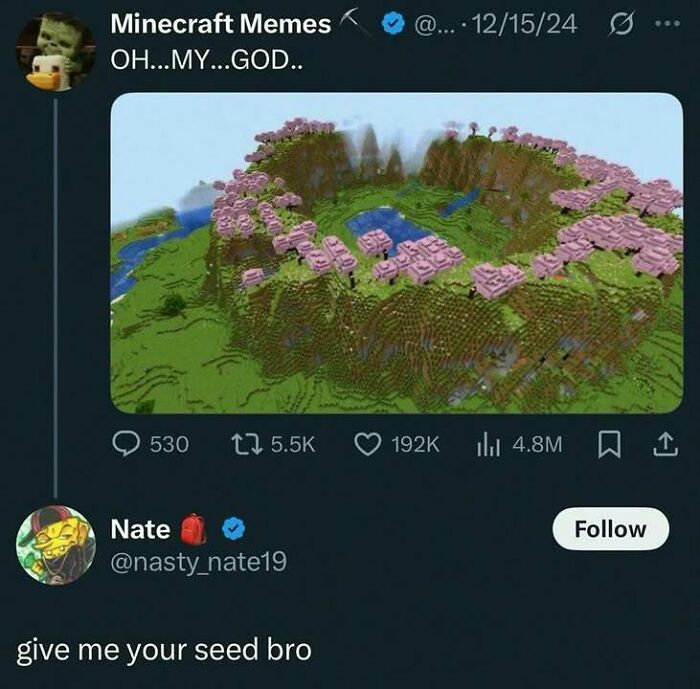 Minecraft screenshot showing a rare world seed with unusual pink trees making players pause and share in amazement.