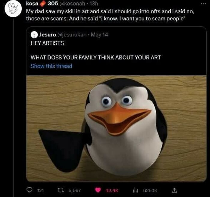 Screenshot of a tweet discussing family opinions on art, part of 138 times people saw something and had to share it collection.