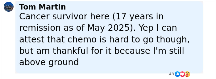 Screenshot of a social media comment from Tom Martin discussing cancer survival and chemotherapy challenges. Screenshot of a social media comment from Tom Martin discussing cancer survival and chemotherapy challenges.