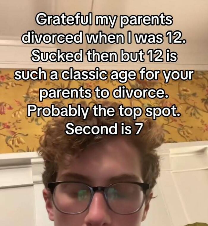 Person with glasses sharing a relatable moment about parents divorcing at a classic age in a curious photo for people who saw something.