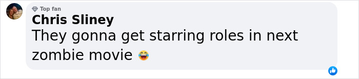 Facebook comment by user Chris Sliney saying they could star in a zombie movie with a laughing emoji.