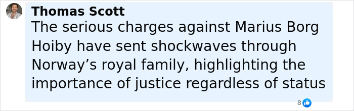 Comment by Thomas Scott on charges against Norwegian Crown Princess&rsquo;s son affecting royal family and justice importance