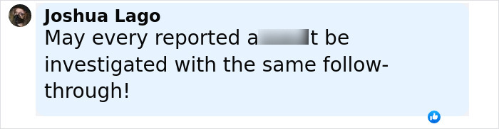 Comment by Joshua Lago on social media, calling for thorough investigation into reported assaults.