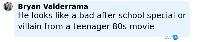 Comment by Bryan Valderrama in black text on a light blue background discussing a villain from an 80s movie.