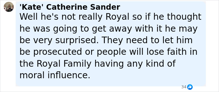 Comment about Norwegian Crown Princess&rsquo;s son facing dozens of charges, displayed on a social media post with 34 reactions.