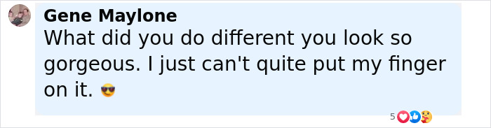 Comment by Gene Maylone praising a famous 90s actress, 53, for her stunning youthful look in a rare public outing.