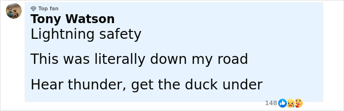 Facebook comment by Tony Watson warning about lightning safety with mention of thunder and a duck as a metaphor.