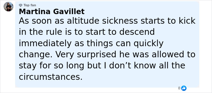 Comment from Martina Gavillet warning about altitude sickness symptoms before a tragic incident involving a hallucinating 14YO son.